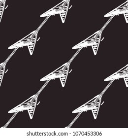 Rock and roll seamless pattern with electric solo rock guitar. Vector hard rock doodle illustration. Cartoon rock star iconic backdrop for music band, concert, party. Isolated on black background.