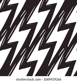 Rock and roll seamless pattern with electricity lightnings. Vector hard rock doodle illustration. Cartoon rock star iconic backdrop for music band, concert, party. Isolated on black background.