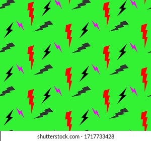Rock and roll seamless pattern with electricity lightnings. Vector hard rock doodle illustration. Cartoon rock star iconic backdrop for music band, concert, party. Isolated on acid green background