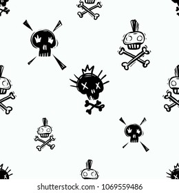Rock and roll seamless pattern with funny rock and punk skulls. Hard rock doodle illustration. Cartoon rock star iconic skull backdrop for music band, concert, party. Isolated on black background.
