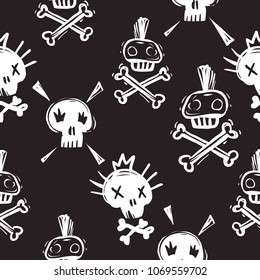 Rock and roll seamless pattern with funny rock and punk skulls. Hard rock doodle illustration. Cartoon rock star iconic skull backdrop for music band, concert, party. Isolated on black background.