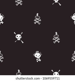 Rock and roll seamless pattern with funny rock and punk skulls. Hard rock doodle illustration. Cartoon rock star iconic skull backdrop for music band, concert, party. Isolated on black background.