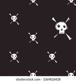 Rock and roll seamless pattern with funny skull. Vector hard rock doodle illustration. Cartoon rock star iconic backdrop for music band, concert, party. Isolated on black background.
