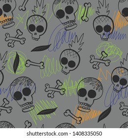 Rock and roll seamless pattern with funny skulls. Hard rock doodle illustration. Cartoon rock star iconic skull pattern for textile, fabric, music band, concert, party. Isolated on gray background.