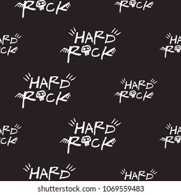 Rock and roll seamless pattern with hard rock text sign. Vector hard rock doodle illustration. Cartoon rock star iconic backdrop for music band, concert, party. Isolated on black background.