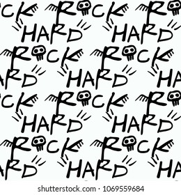 Rock and roll seamless pattern with hard rock text sign. Vector hard rock doodle illustration. Cartoon rock star iconic backdrop for music band, concert, party. Isolated on black background.