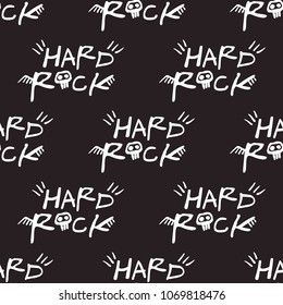 Rock and roll seamless pattern with hard rock text sign. Vector hard rock doodle illustration. Cartoon rock star iconic backdrop for music band, concert, party. Isolated on black background.