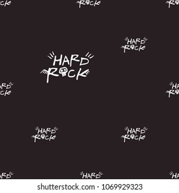 Rock and roll seamless pattern with hard rock text sign. Vector hard rock doodle illustration. Cartoon rock star iconic backdrop for music band, concert, party. Isolated on black background.
