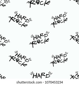 Rock and roll seamless pattern with hard rock text sign. Vector hard rock doodle illustration. Cartoon rock star iconic backdrop for music band, concert, party. Isolated on black background.