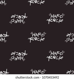 Rock and roll seamless pattern with hard rock text sign. Vector hard rock doodle illustration. Cartoon rock star iconic backdrop for music band, concert, party. Isolated on black background.