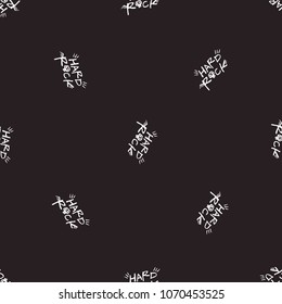 Rock and roll seamless pattern with hard rock text sign. Vector hard rock doodle illustration. Cartoon rock star iconic backdrop for music band, concert, party. Isolated on black background.