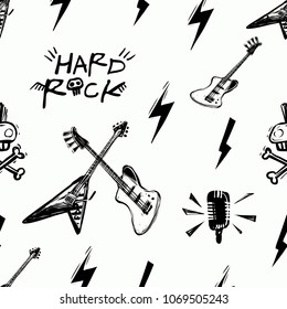 Rock and roll seamless pattern with lightnings, microphone, punk skull, hard rock sign, guitars. Hard rock doodle illustration. Cartoon rock star iconic backdrop for music band, concert, party.