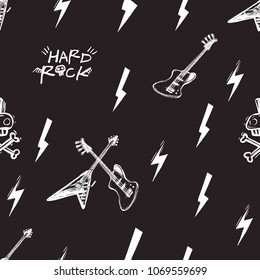 Rock and roll seamless pattern with lightnings, microphone, punk skull, hard rock sign, guitars. Hard rock doodle illustration. Cartoon rock star iconic backdrop for music band, concert, party.