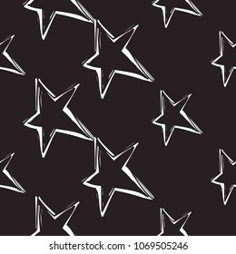 Rock and roll seamless pattern with line star. Vector hard rock doodle illustration. Cartoon rock star iconic backdrop for music band, concert, party. Isolated on black background.