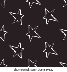 Rock And Roll Seamless Pattern With Line Star. Vector Hard Rock Doodle Illustration. Cartoon Rock Star Iconic Backdrop For Music Band, Concert, Party. Isolated On Black Background.