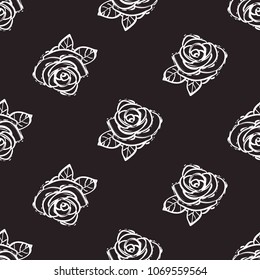 Rock and roll seamless pattern with line rose. Vector hard rock doodle illustration. Cartoon rock star iconic backdrop for music band, concert, party. Isolated on black background.