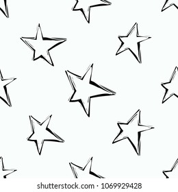 Rock and roll seamless pattern with line star. Vector hard rock doodle illustration. Cartoon rock star iconic backdrop for music band, concert, party. Isolated on black background.