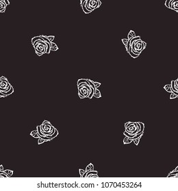 Rock and roll seamless pattern with line rose. Vector hard rock doodle illustration. Cartoon rock star iconic backdrop for music band, concert, party. Isolated on black background.