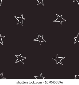 Rock and roll seamless pattern with line star. Vector hard rock doodle illustration. Cartoon rock star iconic backdrop for music band, concert, party. Isolated on black background.