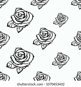 Rock and roll seamless pattern with line rose. Vector hard rock doodle illustration. Cartoon rock star iconic backdrop for music band, concert, party. Isolated on black background.
