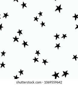Rock and roll seamless pattern with little stars. Vector hard rock doodle illustration. Cartoon rock star iconic backdrop for music band, concert, party. Isolated on black background.