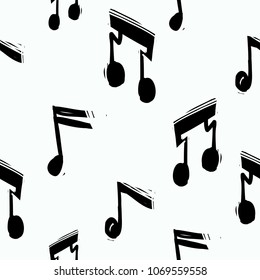 Rock and roll seamless pattern with music notes, note signs. Vector hard rock doodle illustration. Cartoon rock star iconic backdrop for music band, concert, party. Isolated on black background.