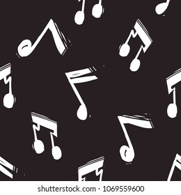 Rock and roll seamless pattern with music notes, note signs. Vector hard rock doodle illustration. Cartoon rock star iconic backdrop for music band, concert, party. Isolated on black background.