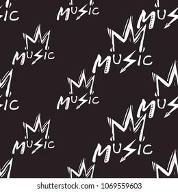 Rock and roll seamless pattern with music king crown. Vector hard rock doodle illustration. Cartoon rock star iconic backdrop for music band, concert, party. Isolated on black background.