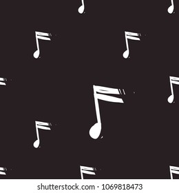 Rock and roll seamless pattern with music notes. Vector hard rock doodle illustration. Cartoon rock star iconic backdrop for music band, concert, party. Isolated on black background.