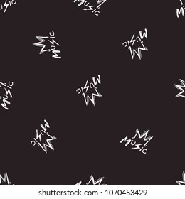 Rock and roll seamless pattern with music king crown. Vector hard rock doodle illustration. Cartoon rock star iconic backdrop for music band, concert, party. Isolated on black background.
