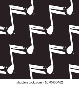 Rock and roll seamless pattern with music notes. Vector hard rock doodle illustration. Cartoon rock star iconic backdrop for music band, concert, party. Isolated on black background.