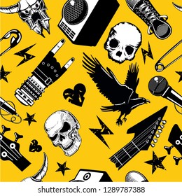 Rock and roll seamless pattern. Music vector background. Musical and sound elements.