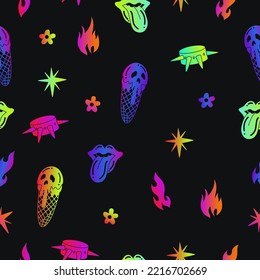 Rock and roll seamless Pattern in neon colors. Retro print for graphic tee, sweartshirt. 1980s - 1990s grunge style. Vector illustration. Textile, paper. Concept for DJ, music festival. 