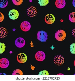 Rock and roll seamless Pattern in neon colors. Retro print for graphic tee, sweartshirt. 1980s - 1990s grunge style. Vector illustration. Textile, paper. Concept for DJ, music festival. 