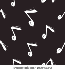 Rock and roll seamless pattern with note signs. Vector hard rock doodle illustration. Cartoon rock star iconic backdrop for music band, concert, party. Isolated on black background.