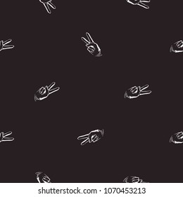 Rock and roll seamless pattern with peace gesture. Vector hard rock doodle illustration. Cartoon rock star iconic backdrop for music band, concert, party. Isolated on black background.
