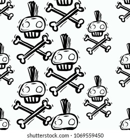 Rock and roll seamless pattern with punk skull. Vector hard rock doodle illustration. Cartoon rock star iconic backdrop for music band, concert, party. Isolated on black background.