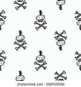 Rock and roll seamless pattern with punk skull. Vector hard rock doodle illustration. Cartoon rock star iconic backdrop for music band, concert, party. Isolated on black background.