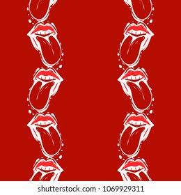 Rock and roll seamless pattern with red and white lips tongue. Vector hard rock doodle illustration. Cartoon rock star iconic backdrop for music band, concert, party. Isolated on black background.