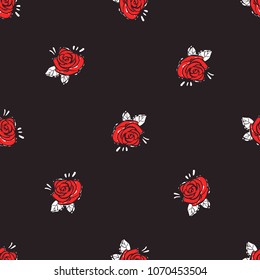 Rock and roll seamless pattern with red rose. Vector hard rock doodle illustration. Cartoon rock star iconic backdrop for music band, concert, party. Isolated on black background.