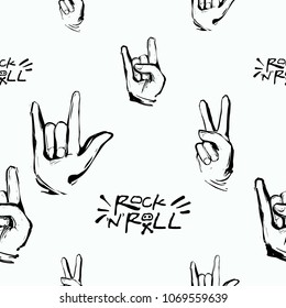 Rock and roll seamless pattern with rock'n'roll text sign, peace and rock gestures. Vector hard rock doodle illustration. Cartoon rock backdrop for music band, concert, party with black background.