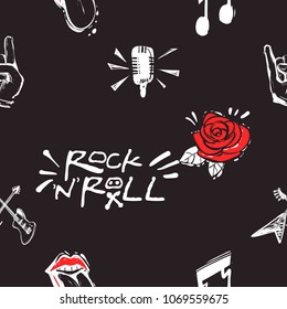 Rock and roll seamless pattern with rock'n'roll signs, music notes, rock gesture, microphone, skull. Cartoon rock star iconic backdrop for music band, concert, party. Isolated on black background.