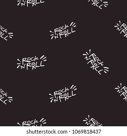 Rock and roll seamless pattern with rock'n'roll text sign. Vector hard rock doodle illustration. Cartoon rock star iconic backdrop for music band, concert, party. Isolated on black background.