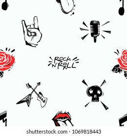 Rock y roll sin problemas con signos de rock'n'roll, notas musicales, gestos de rock, micrófono, cráneo. Estrella de caricaturas de rock como telón de fondo icónico para banda de música, concierto, fiesta. Aislado sobre fondo negro.