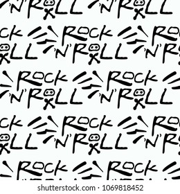 Rock and roll seamless pattern with rock'n'roll text sign. Vector hard rock doodle illustration. Cartoon rock star iconic backdrop for music band, concert, party. Isolated on black background.