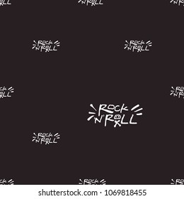 Rock and roll seamless pattern with rock'n'roll text sign. Vector hard rock doodle illustration. Cartoon rock star iconic backdrop for music band, concert, party. Isolated on black background.