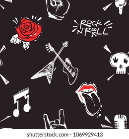 Rock and roll seamless pattern with rock'n'roll signs, music notes, rock gesture, microphone, skull. Cartoon rock star iconic backdrop for music band, concert, party. Isolated on black background.