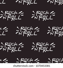 Rock and roll seamless pattern with rock'n'roll text sign. Vector hard rock doodle illustration. Cartoon rock star iconic backdrop for music band, concert, party. Isolated on black background.