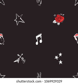 Rock and roll seamless pattern with rose, guitars, red lips tongue, notes, peace gesture, rock signs. Hard rock doodle illustration. Cartoon rock backdrop for music band, party on black background.