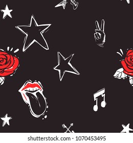 Rock and roll seamless pattern with rose, guitars, red lips tongue, notes, peace gesture, rock signs. Hard rock doodle illustration. Cartoon rock backdrop for music band, party on black background.